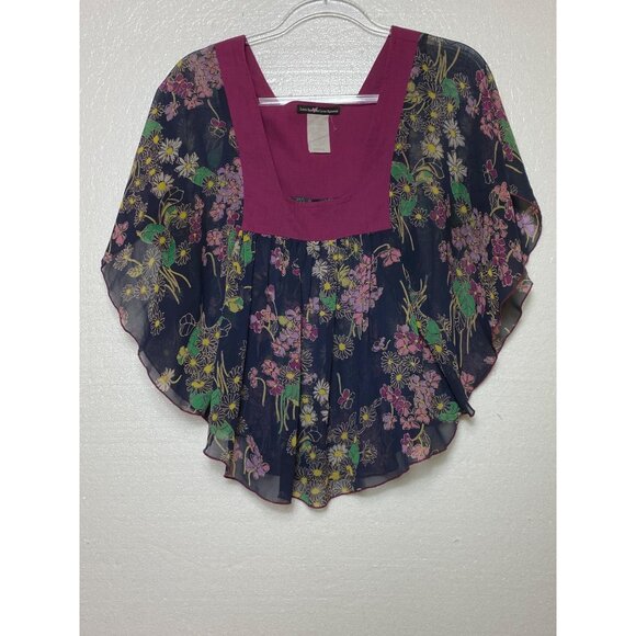 Love Squared Sheer Floral Overlay Blouse Small Navy/Magenta Boho Hippie Top Cute - Picture 1 of 3